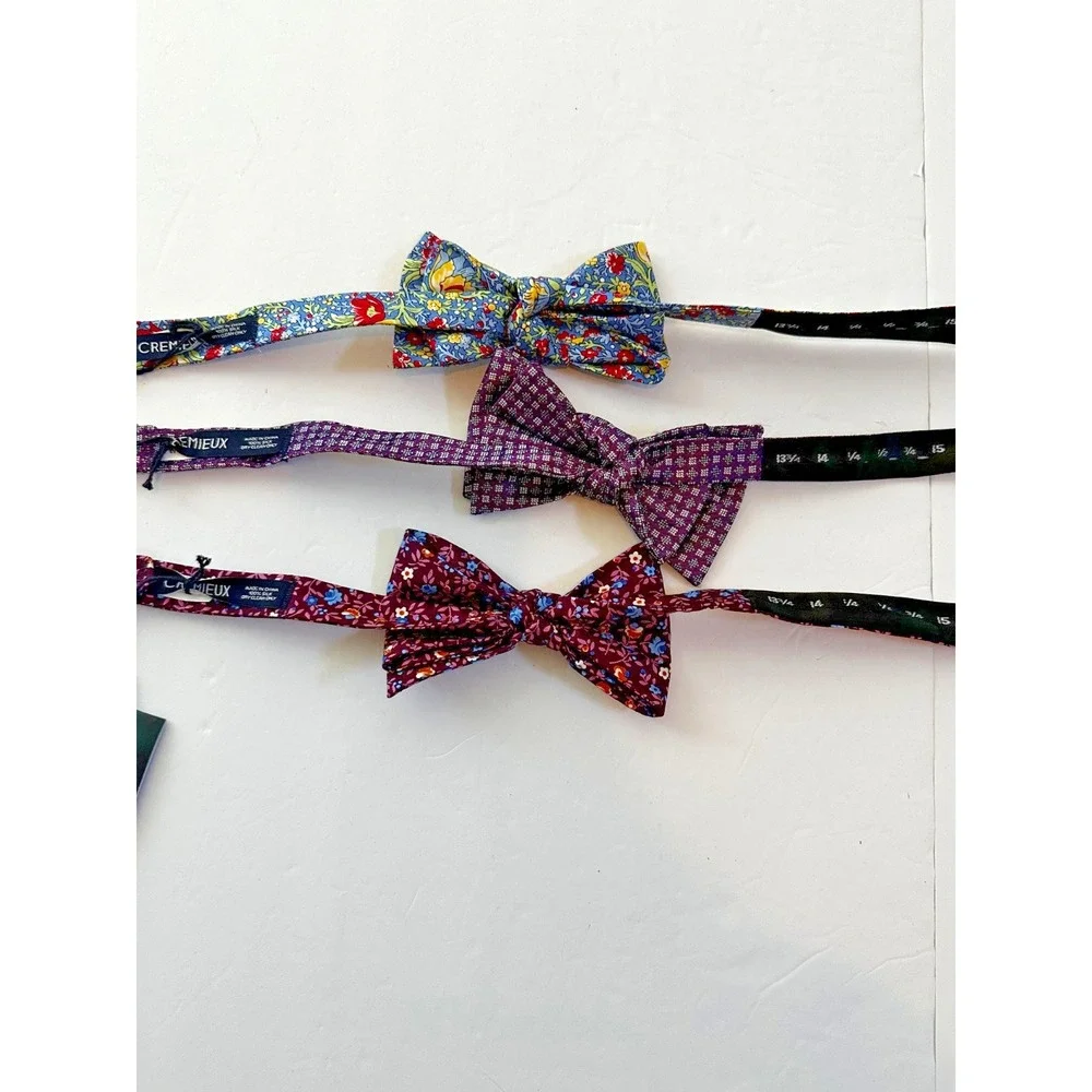 Cremieux Bow Tie Floral Geometric 100% Silk Set of 3 Blue Burgundy Yellow NEW